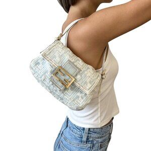 FENDI Vintage FF Zucca Monogram Denim Mamma Baguette Shoulder Bag [106072]